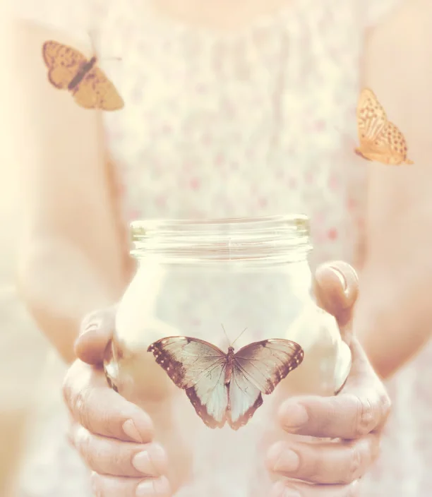 Hands holding a glass jar with butterflies